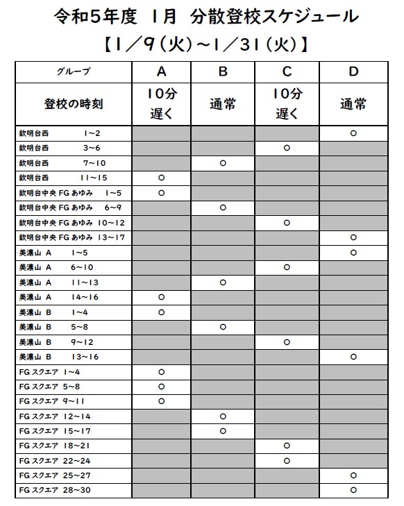 「１月度 分散登校スケジュール」